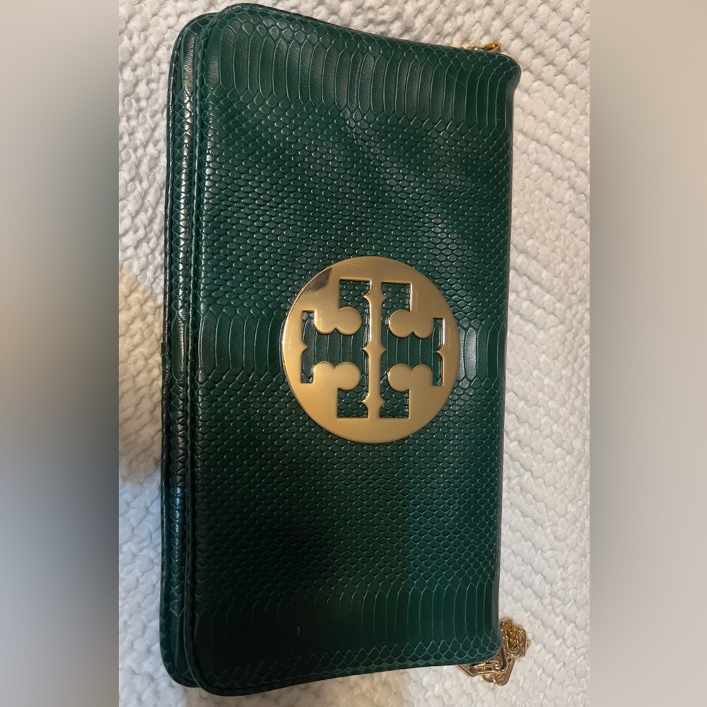 Tory Burch Dark Green Snake-Embossed Leather Clutch with Gold Logo